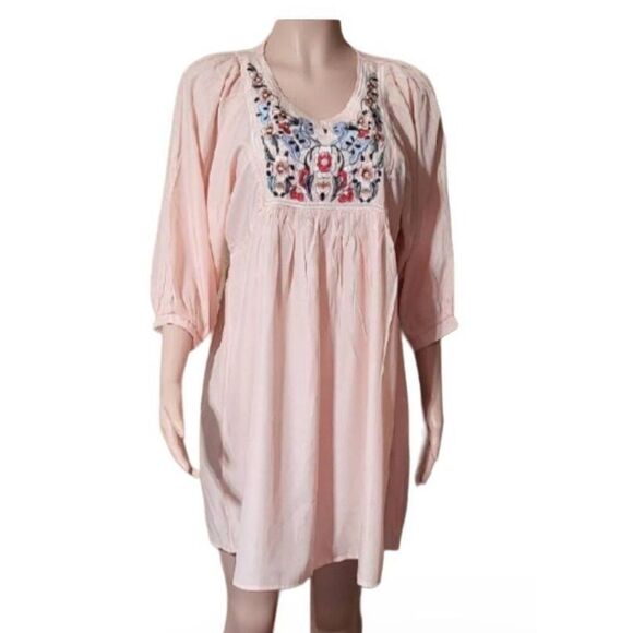 Tunic embroidered peach 3/4 sleeve peasant dress size L - Picture 2 of 6